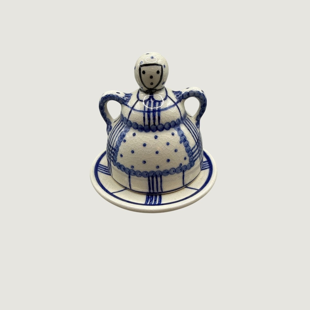 Heide Germany Original Bunzlau Blue White Figural‎ Cheese Butter Dish Set